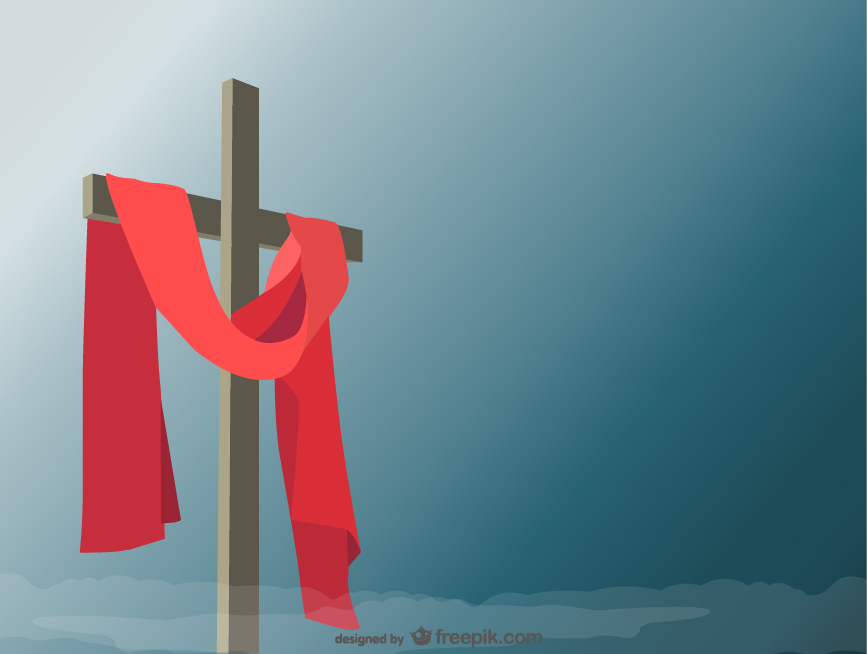 Drawing of a red-draped cross.